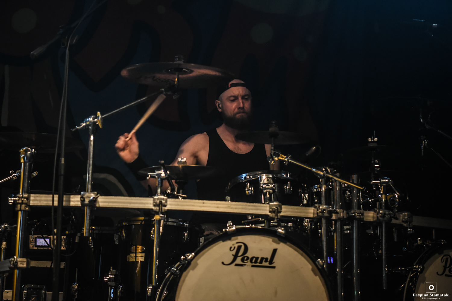 Peter Alcorn, drummer of the band Alestorm, performing live at Gagarin 205 Live Music Space. Photo by Despina Stamataki